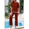 imagePRETTYGARDEN Womens Summer 2 Piece Outfits Casual Short Sleeve Knit Sweater Tops Wide Leg Pants Lounge Sets TracksuitsBrick Red