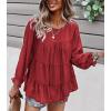 imagePRETTYGARDEN Womens Summer Loose Chiffon Blouse Mesh Long Sleeve Casual Round Neck Peplum TopsRed