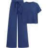 imagePRETTYGARDEN Womens Summer 2 Piece Knit Loungewear Short Sleeve T Shirts Wide Leg Pants Tracksuit Casual OutfitsDark Blue