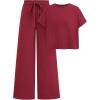 imagePRETTYGARDEN Womens Summer 2 Piece Knit Loungewear Short Sleeve T Shirts Wide Leg Pants Tracksuit Casual OutfitsWine Red
