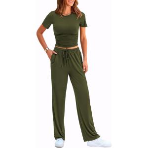 imagePRETTYGARDEN Womens 2 Piece Outfits Summer Tracksuit Lounge Sets Short Sleeve Crop Tops T Shirts High Waisted Wide Leg PantsArmy Green