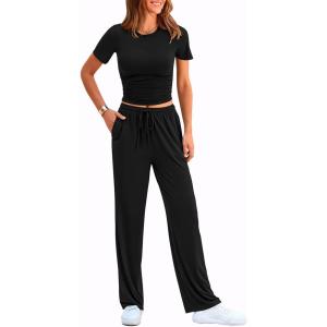 imagePRETTYGARDEN Womens 2 Piece Outfits Summer Tracksuit Lounge Sets Short Sleeve Crop Tops T Shirts High Waisted Wide Leg PantsBlack