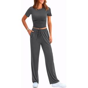 imagePRETTYGARDEN Womens 2 Piece Outfits Summer Tracksuit Lounge Sets Short Sleeve Crop Tops T Shirts High Waisted Wide Leg PantsDark Grey