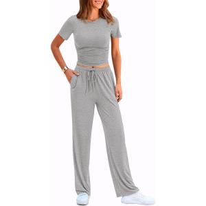 imagePRETTYGARDEN Womens 2 Piece Outfits Summer Tracksuit Lounge Sets Short Sleeve Crop Tops T Shirts High Waisted Wide Leg PantsGrey
