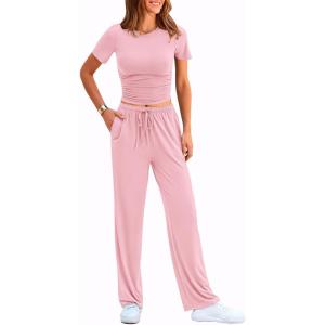 imagePRETTYGARDEN Womens 2 Piece Outfits Summer Tracksuit Lounge Sets Short Sleeve Crop Tops T Shirts High Waisted Wide Leg PantsPink