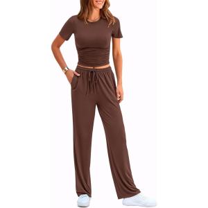 imagePRETTYGARDEN Womens 2 Piece Outfits Summer Tracksuit Lounge Sets Short Sleeve Crop Tops T Shirts High Waisted Wide Leg PantsRed Brown