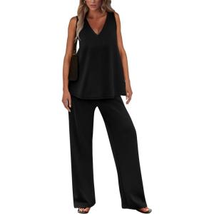 imagePRETTYGARDEN Womens 2 Piece Summer Tracksuits Sleeveless V Neck Tank Top Wide Leg Pants Casual Knit Outfit SetsBlack