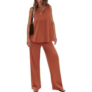 imagePRETTYGARDEN Womens 2 Piece Summer Tracksuits Sleeveless V Neck Tank Top Wide Leg Pants Casual Knit Outfit SetsBrick Red