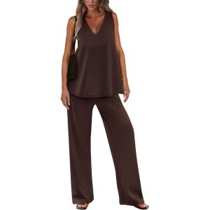 imagePRETTYGARDEN Womens 2 Piece Summer Tracksuits Sleeveless V Neck Tank Top Wide Leg Pants Casual Knit Outfit SetsCoffee
