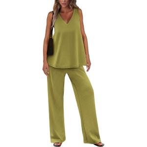 imagePRETTYGARDEN Womens 2 Piece Summer Tracksuits Sleeveless V Neck Tank Top Wide Leg Pants Casual Knit Outfit SetsGrass Green