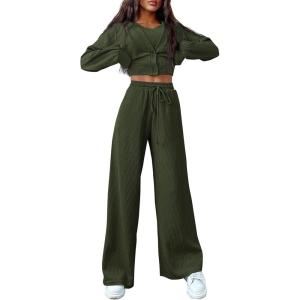 imagePRETTYGARDEN Womens 2024 Fall Track Suits 3 Piece Outfits Matching Sets Ribbed Knit Cardigan Cropped Tank Tops Wide Leg PantsArmy Green