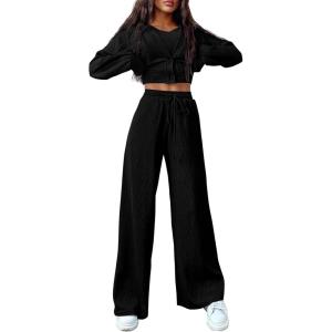 imagePRETTYGARDEN Womens 2024 Fall Track Suits 3 Piece Outfits Matching Sets Ribbed Knit Cardigan Cropped Tank Tops Wide Leg PantsBlack