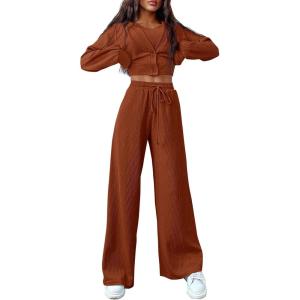 imagePRETTYGARDEN Womens 2024 Fall Track Suits 3 Piece Outfits Matching Sets Ribbed Knit Cardigan Cropped Tank Tops Wide Leg PantsBrown