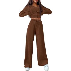 imagePRETTYGARDEN Womens 2024 Fall Track Suits 3 Piece Outfits Matching Sets Ribbed Knit Cardigan Cropped Tank Tops Wide Leg PantsCoffee