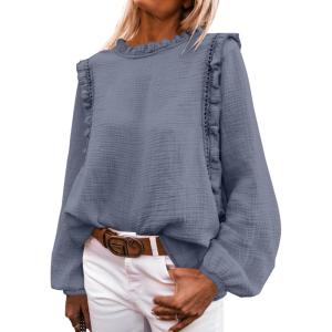 imagePRETTYGARDEN Womens Fall Fashion Blouse Dressy Casual Long Sleeve Crewneck Ruffle Loose Pullover Tops ShirtGrey Blue
