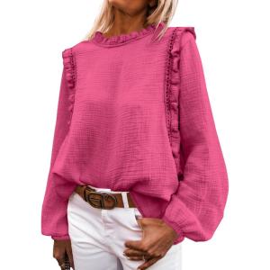 imagePRETTYGARDEN Womens Fall Fashion Blouse Dressy Casual Long Sleeve Crewneck Ruffle Loose Pullover Tops ShirtRose Red