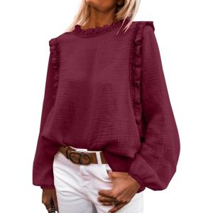 imagePRETTYGARDEN Womens Fall Fashion Blouse Dressy Casual Long Sleeve Crewneck Ruffle Loose Pullover Tops ShirtWine Red