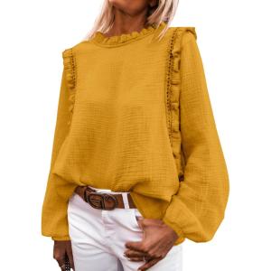 imagePRETTYGARDEN Womens Fall Fashion Blouse Dressy Casual Long Sleeve Crewneck Ruffle Loose Pullover Tops ShirtYellow