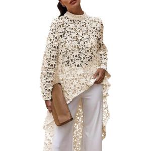 imagePRETTYGARDEN Womens Long Sleeve Round Neck High Low Asymmetrical Irregular Hem Casual Tops Blouse Shirt DressApricot