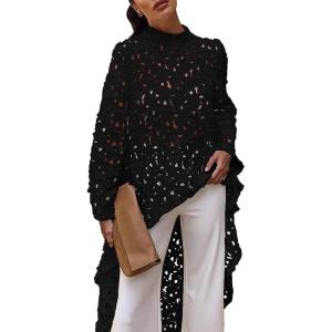 imagePRETTYGARDEN Womens Long Sleeve Round Neck High Low Asymmetrical Irregular Hem Casual Tops Blouse Shirt DressBlack