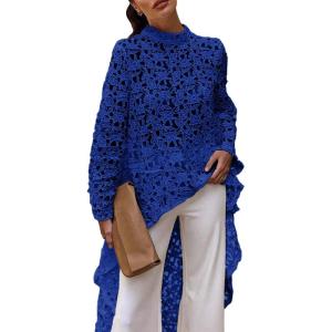 imagePRETTYGARDEN Womens Long Sleeve Round Neck High Low Asymmetrical Irregular Hem Casual Tops Blouse Shirt DressBlue