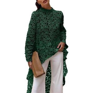 imagePRETTYGARDEN Womens Long Sleeve Round Neck High Low Asymmetrical Irregular Hem Casual Tops Blouse Shirt DressDark Green