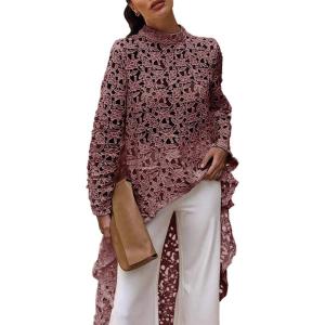 imagePRETTYGARDEN Womens Long Sleeve Round Neck High Low Asymmetrical Irregular Hem Casual Tops Blouse Shirt DressDusty Pink