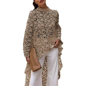 imagePRETTYGARDEN Womens Long Sleeve Round Neck High Low Asymmetrical Irregular Hem Casual Tops Blouse Shirt DressKhaki