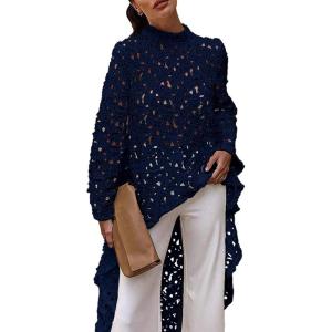 imagePRETTYGARDEN Womens Long Sleeve Round Neck High Low Asymmetrical Irregular Hem Casual Tops Blouse Shirt DressNavy