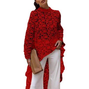 imagePRETTYGARDEN Womens Long Sleeve Round Neck High Low Asymmetrical Irregular Hem Casual Tops Blouse Shirt DressRed