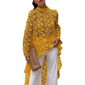 imagePRETTYGARDEN Womens Long Sleeve Round Neck High Low Asymmetrical Irregular Hem Casual Tops Blouse Shirt DressTurmeric
