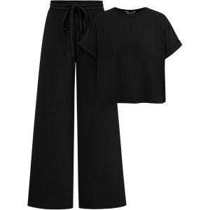 imagePRETTYGARDEN Womens Summer 2 Piece Knit Loungewear Short Sleeve T Shirts Wide Leg Pants Tracksuit Casual OutfitsBlack