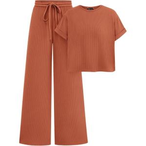 imagePRETTYGARDEN Womens Summer 2 Piece Knit Loungewear Short Sleeve T Shirts Wide Leg Pants Tracksuit Casual OutfitsBrick Red