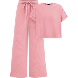 imagePRETTYGARDEN Womens Summer 2 Piece Knit Loungewear Short Sleeve T Shirts Wide Leg Pants Tracksuit Casual OutfitsDusty Pink