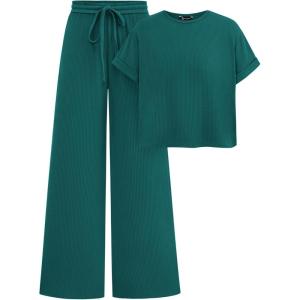 imagePRETTYGARDEN Womens Summer 2 Piece Knit Loungewear Short Sleeve T Shirts Wide Leg Pants Tracksuit Casual OutfitsGreen