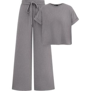 imagePRETTYGARDEN Womens Summer 2 Piece Knit Loungewear Short Sleeve T Shirts Wide Leg Pants Tracksuit Casual OutfitsGrey