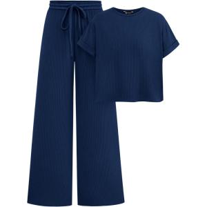 imagePRETTYGARDEN Womens Summer 2 Piece Knit Loungewear Short Sleeve T Shirts Wide Leg Pants Tracksuit Casual OutfitsNavy