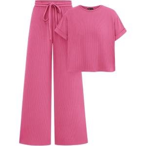 imagePRETTYGARDEN Womens Summer 2 Piece Knit Loungewear Short Sleeve T Shirts Wide Leg Pants Tracksuit Casual OutfitsPink