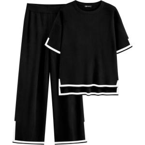 imagePRETTYGARDEN Womens Summer 2 Piece Outfits Casual Short Sleeve Knit Sweater Tops Wide Leg Pants Lounge Sets TracksuitsBlack