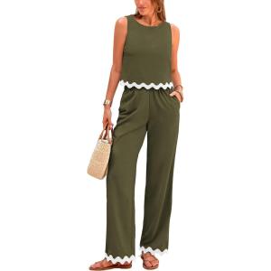 imagePRETTYGARDEN Womens Summer Casual 2 Piece Outfits Sleeveless Tank Crop Top Wide Leg Pants Sets TracksuitArmy Green