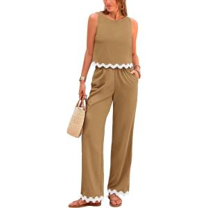 imagePRETTYGARDEN Womens Summer Casual 2 Piece Outfits Sleeveless Tank Crop Top Wide Leg Pants Sets TracksuitKhaki