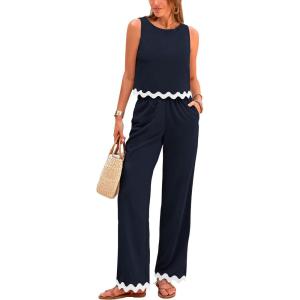 imagePRETTYGARDEN Womens Summer Casual 2 Piece Outfits Sleeveless Tank Crop Top Wide Leg Pants Sets TracksuitNavy