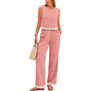 imagePRETTYGARDEN Womens Summer Casual 2 Piece Outfits Sleeveless Tank Crop Top Wide Leg Pants Sets TracksuitPink