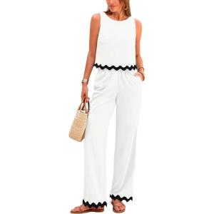 imagePRETTYGARDEN Womens Summer Casual 2 Piece Outfits Sleeveless Tank Crop Top Wide Leg Pants Sets TracksuitWhite