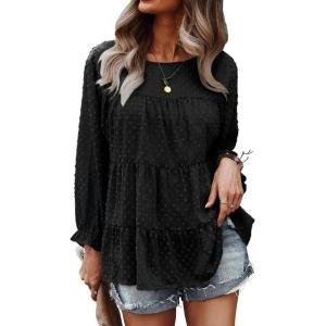 imagePRETTYGARDEN Womens Summer Loose Chiffon Blouse Mesh Long Sleeve Casual Round Neck Peplum TopsBlack