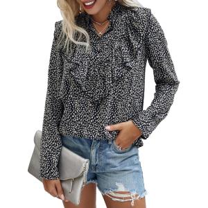 imagePRETTYGARDEN Womens Summer Loose Chiffon Blouse Mesh Long Sleeve Casual Round Neck Peplum TopsBlack Apricot
