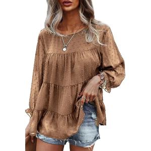 imagePRETTYGARDEN Womens Summer Loose Chiffon Blouse Mesh Long Sleeve Casual Round Neck Peplum TopsBrown