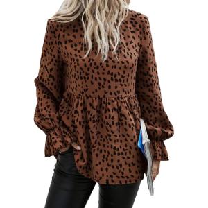 imagePRETTYGARDEN Womens Summer Loose Chiffon Blouse Mesh Long Sleeve Casual Round Neck Peplum TopsBrown Black
