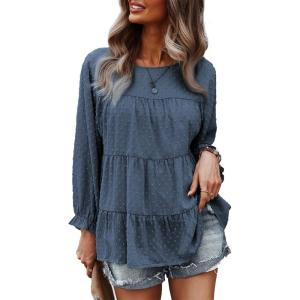 imagePRETTYGARDEN Womens Summer Loose Chiffon Blouse Mesh Long Sleeve Casual Round Neck Peplum TopsDark Blue Grey