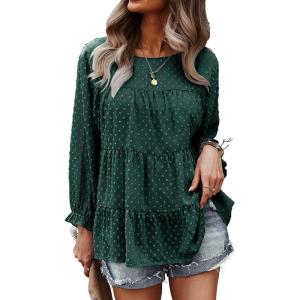 imagePRETTYGARDEN Womens Summer Loose Chiffon Blouse Mesh Long Sleeve Casual Round Neck Peplum TopsGreen